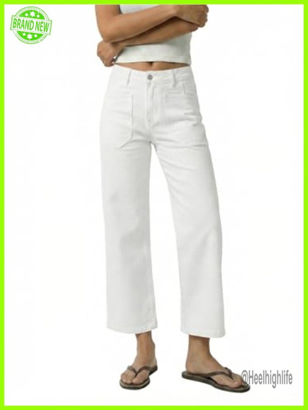 Wide Leg Cropped High Waisted Patch Pocket Stretch Denim Jeans